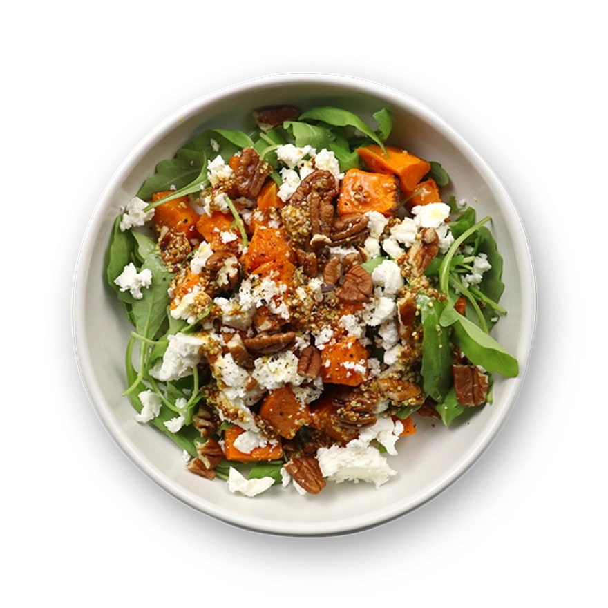 Salade de patates douces rôties, tofu laqué à l’érable et noix de pécan – sauce à l’érable et moutarde à l’ancienne