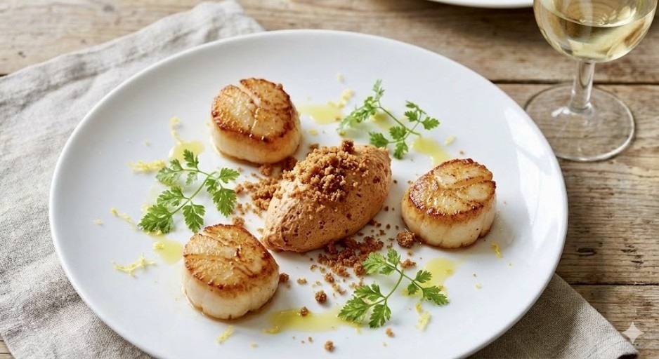Pétoncles poêlés, mousse au chorizo et crumble pain d&rsquo;épices