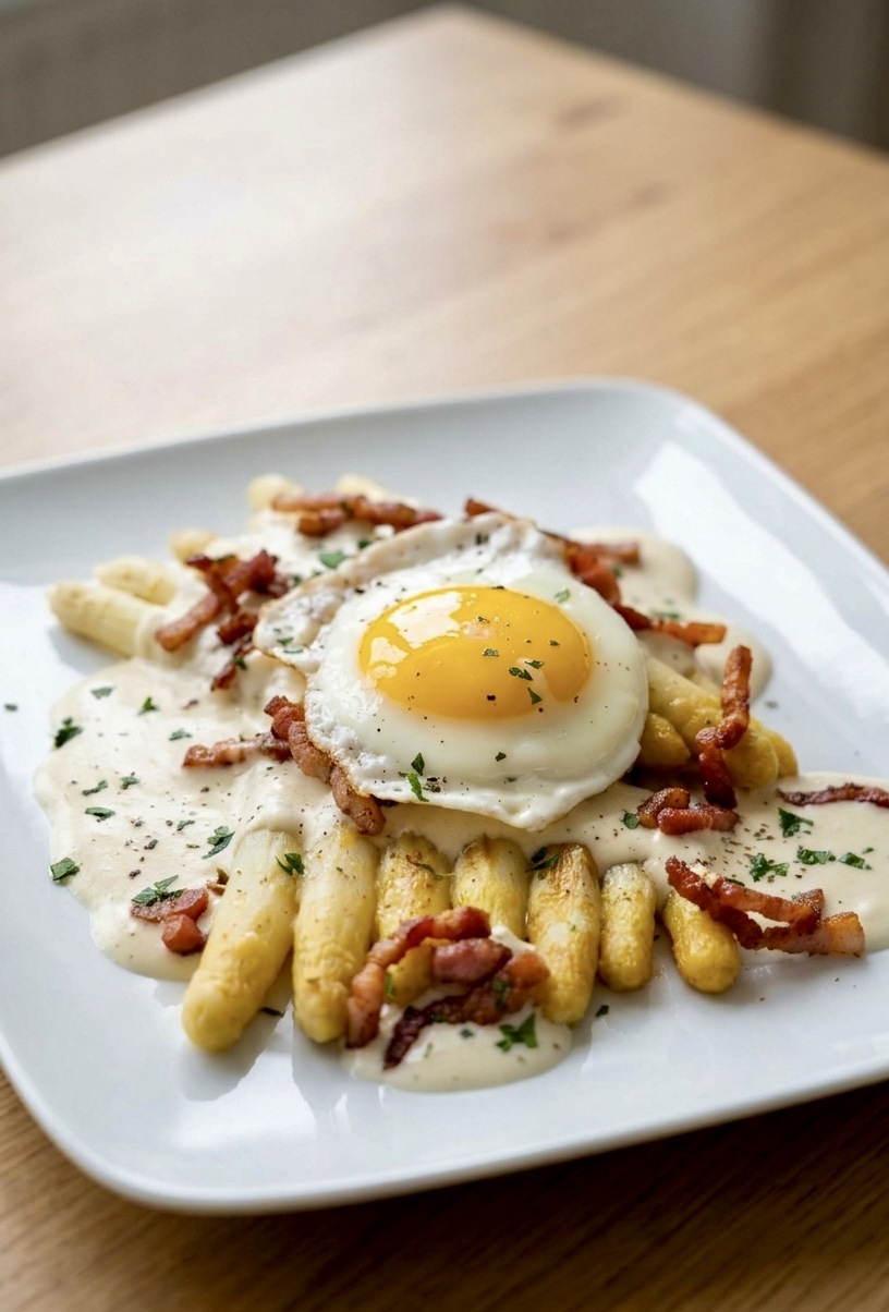 Asperges blanches au beurre noisette, velouté au parmesan et aux pelures, lardon fumé croustillant, œuf coulant