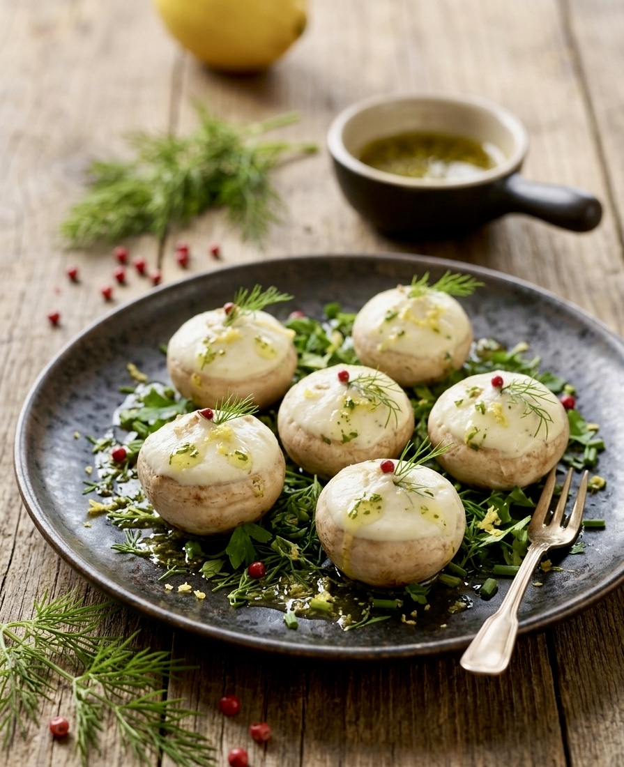 Têtes de champignons grillées et sa farce de chèvre frais aux herbes
