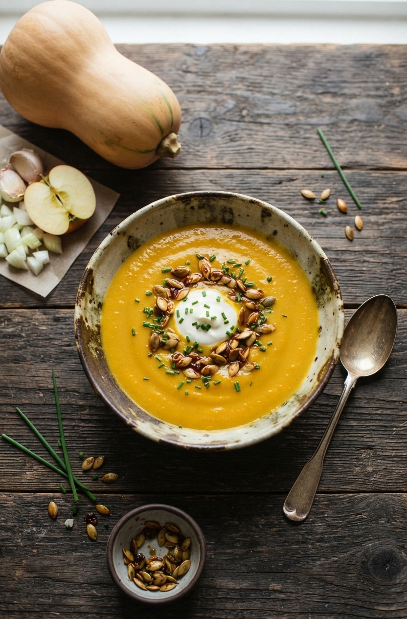 Potage crémeux à la courge musquée rôtie, pomme et gingembre