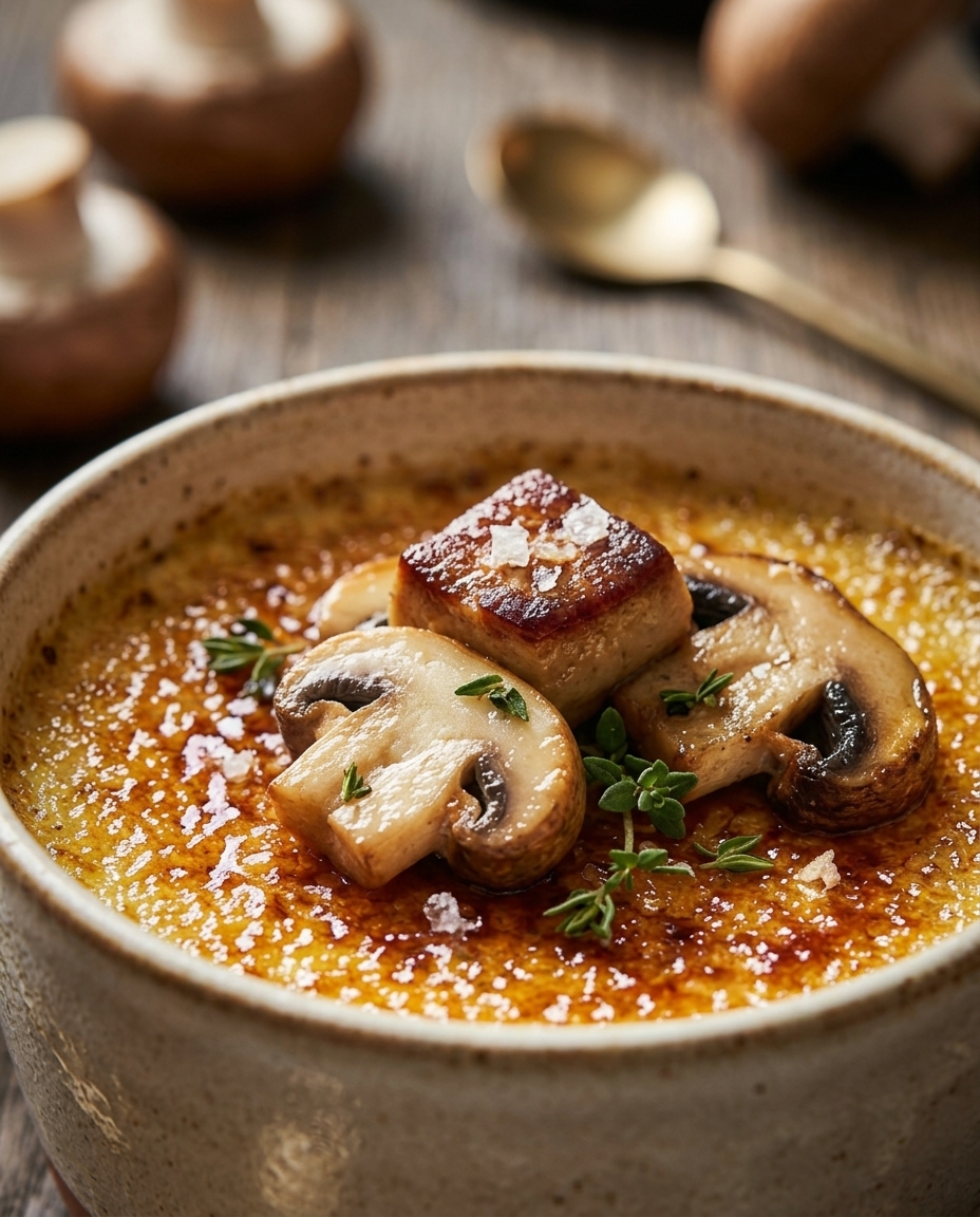 Crèmes brûlées aux champignons de Paris, infusées aux cèpes et caramélisées à l’érable
