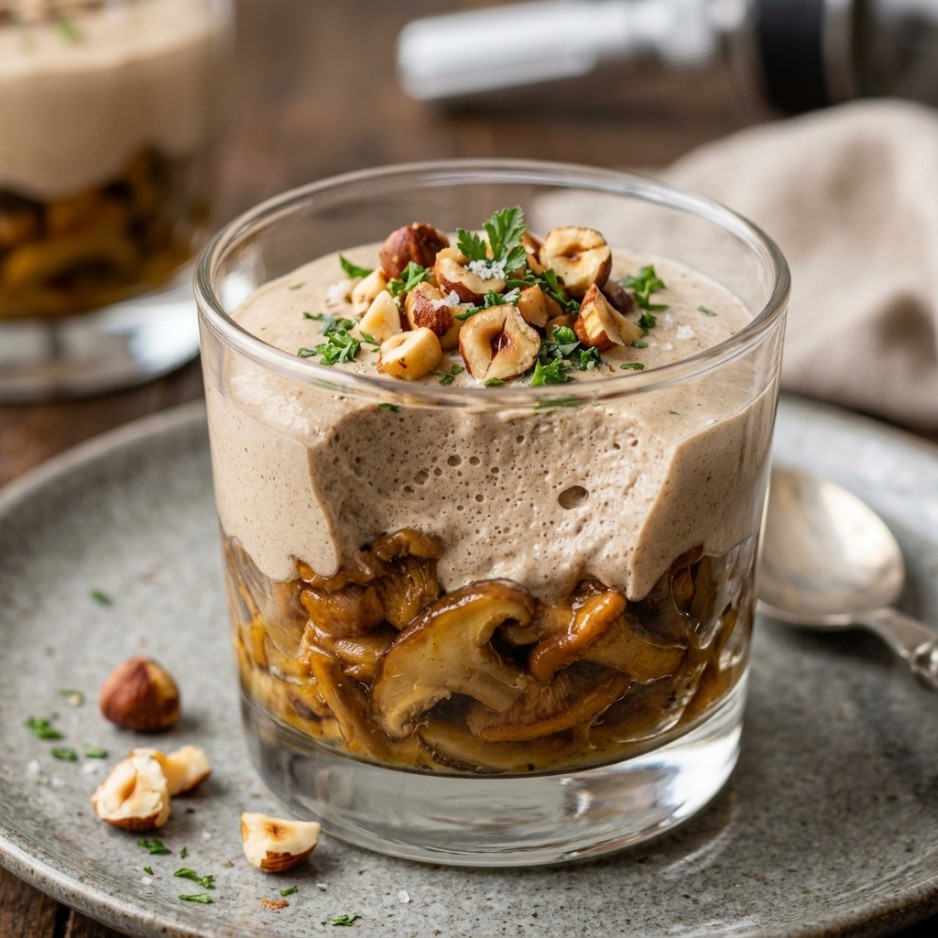 Espuma de champignons au mascarpone, poêlée en verrine et noisettes grillées